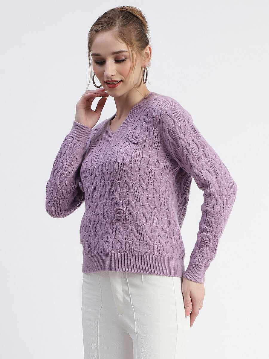 Madame Cable Knit Applique Flower Mauve Sweater