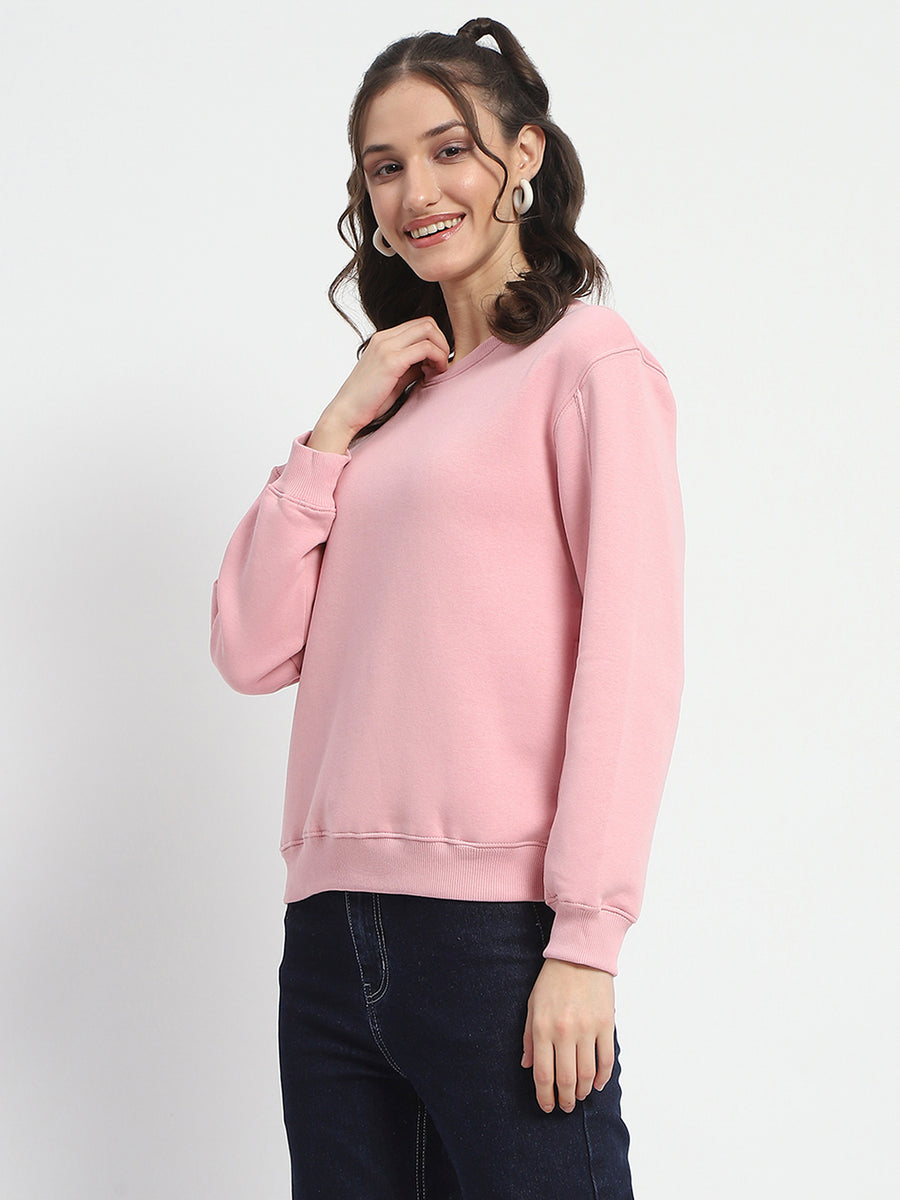 Madame Solid Light Pink Crew Neck Cotton Sweatshirt