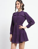 Madame Buckle Detailed Solid Purple Shirt Dress For Women