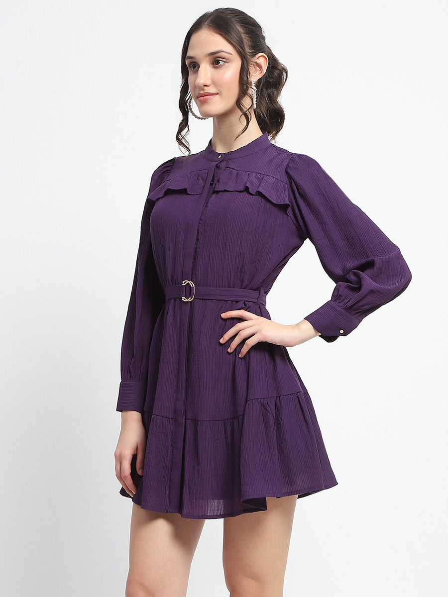 Madame Buckle Detailed Solid Purple Shirt Dress For Women