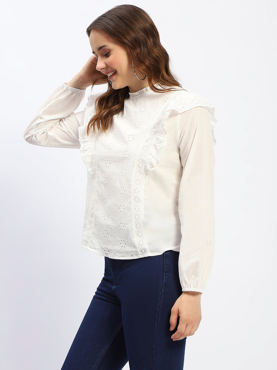 Madame Schilffli Adorned Ruffle Neck Off White Cotton Top