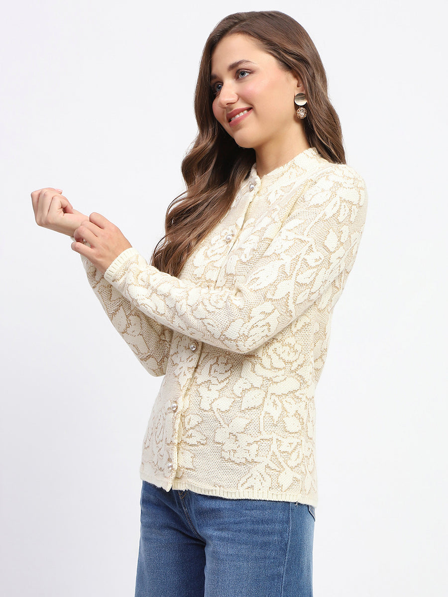 Madame Mock Neck Textured Beige Cardigan