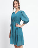 Madame Shimmery Tiered Belted Waist Teal Midi Dress