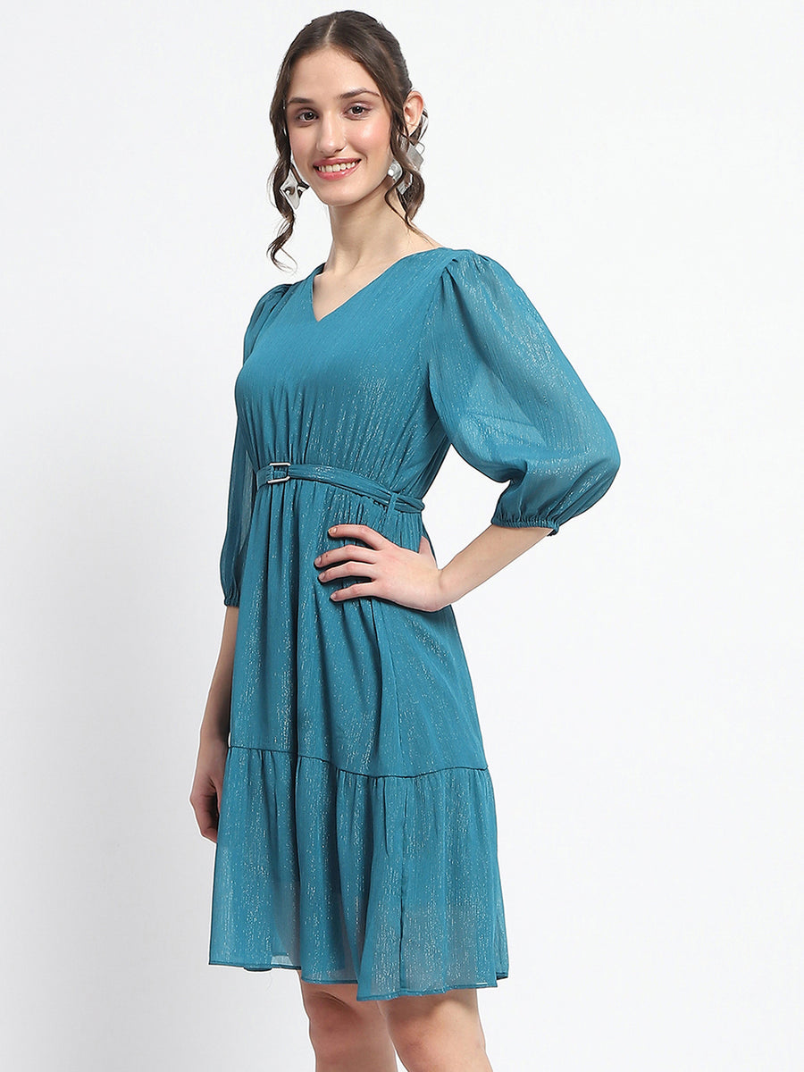 Madame Shimmery Tiered Belted Waist Teal Midi Dress