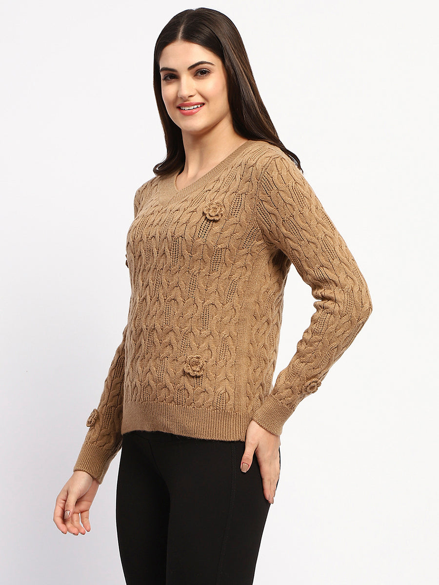 Madame Cable Knit Applique Flower Khaki Sweater