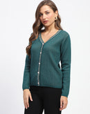 Madame Geometric Pattern V Neck Green Cardigan