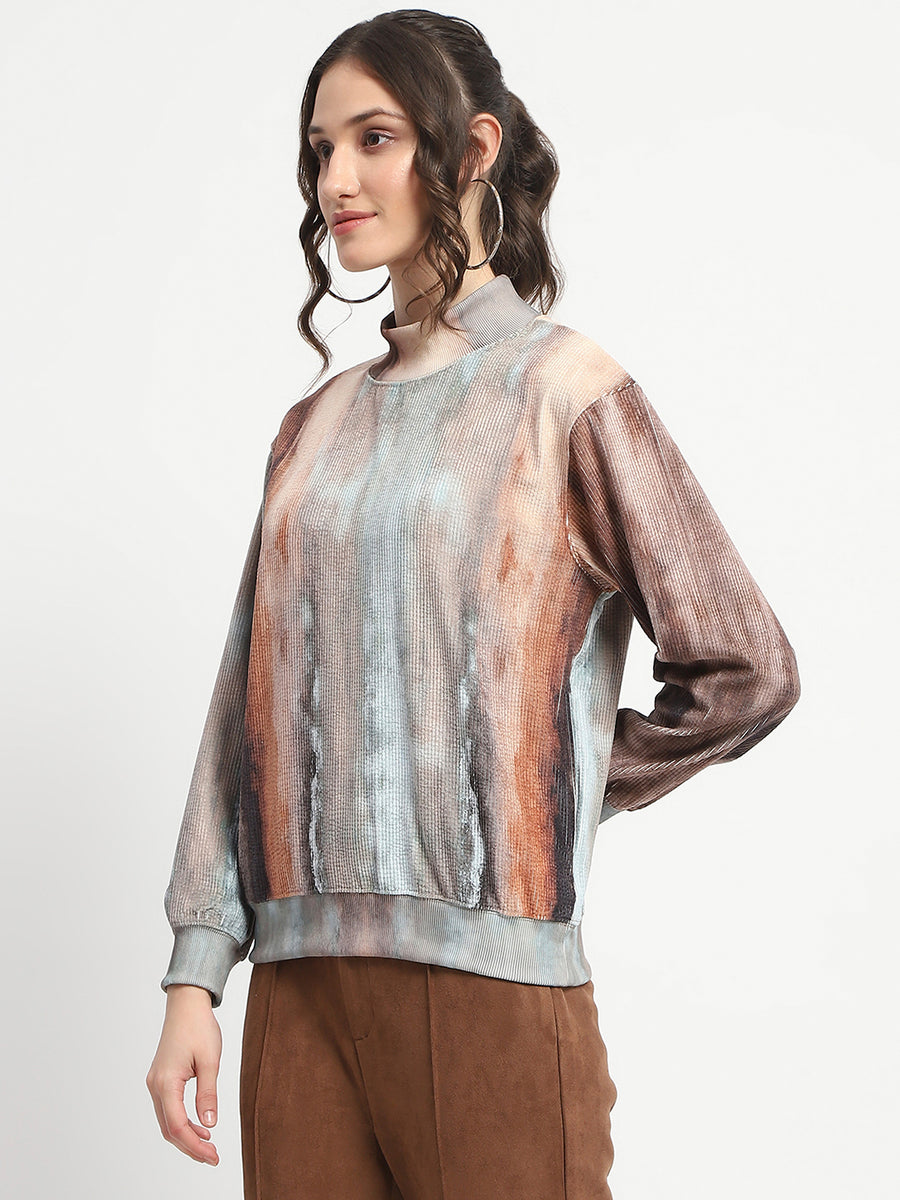 Madame Marble Print Full Sleeve Mock Neck Brown Top