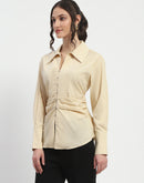 Madame Ruched Waist Wing Necked Solid Beige Cotton Shirt