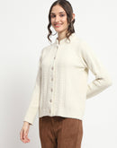 Madame Button Down Cable Knit Solid Beige Cardigan