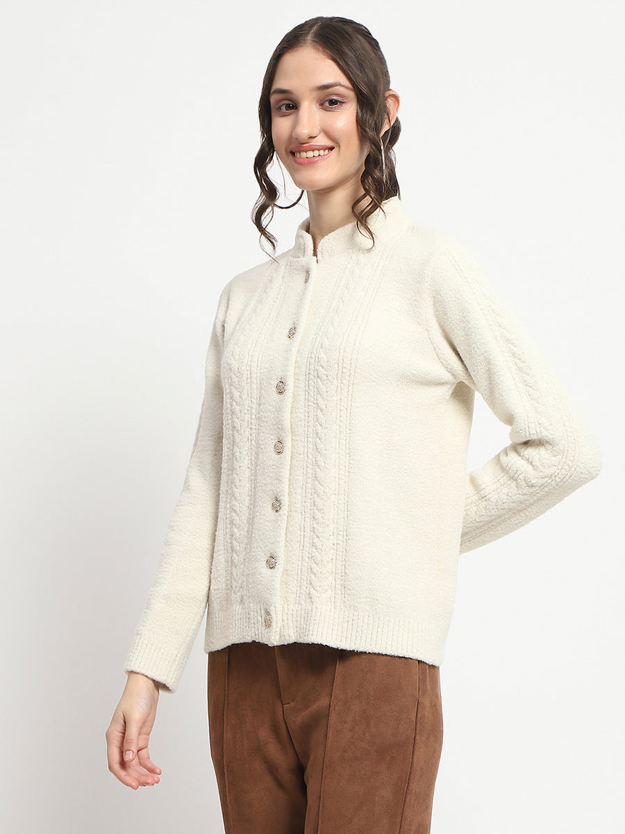 Madame Button Down Cable Knit Solid Beige Cardigan