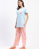 mSECRET Typography Adorned Sky Blue T-shirt with Floral Print Pyjama Nightsuit Set