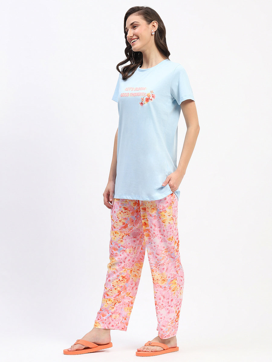 mSECRET Typography Adorned Sky Blue T-shirt with Floral Print Pyjama Nightsuit Set