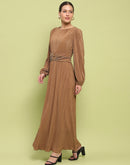 Madame Pleated Front Buckle Detailed Solid Golden Maxi Dress