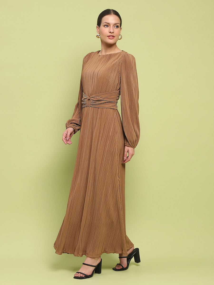 Madame Pleated Front Buckle Detailed Solid Golden Maxi Dress