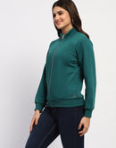 Madame Teal Grab Full-Zip Cotton High Collar Sweatshirt