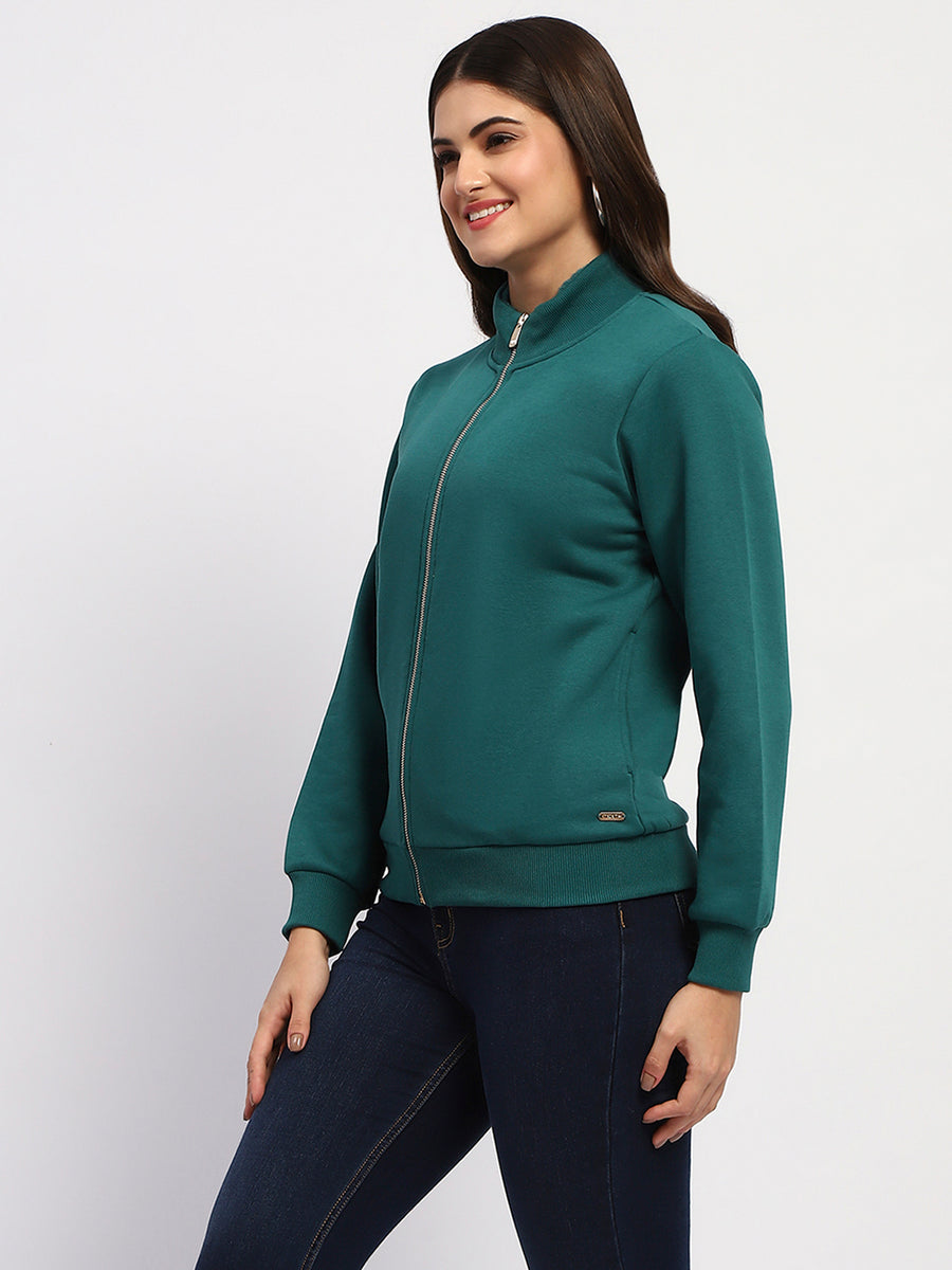 Madame Teal Grab Full-Zip Cotton High Collar Sweatshirt