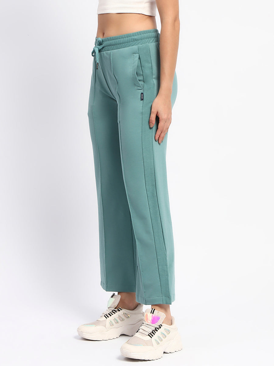 mSECRET Drawstring Waist Pleated Solid Green Bootcut Cotton Track Bottoms