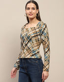 Madame Square Neck Front Zip All Over Print Corduroy Beige Top