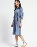 Madame Cotton Blend Belted Waist Blue Midi Shirt Dress