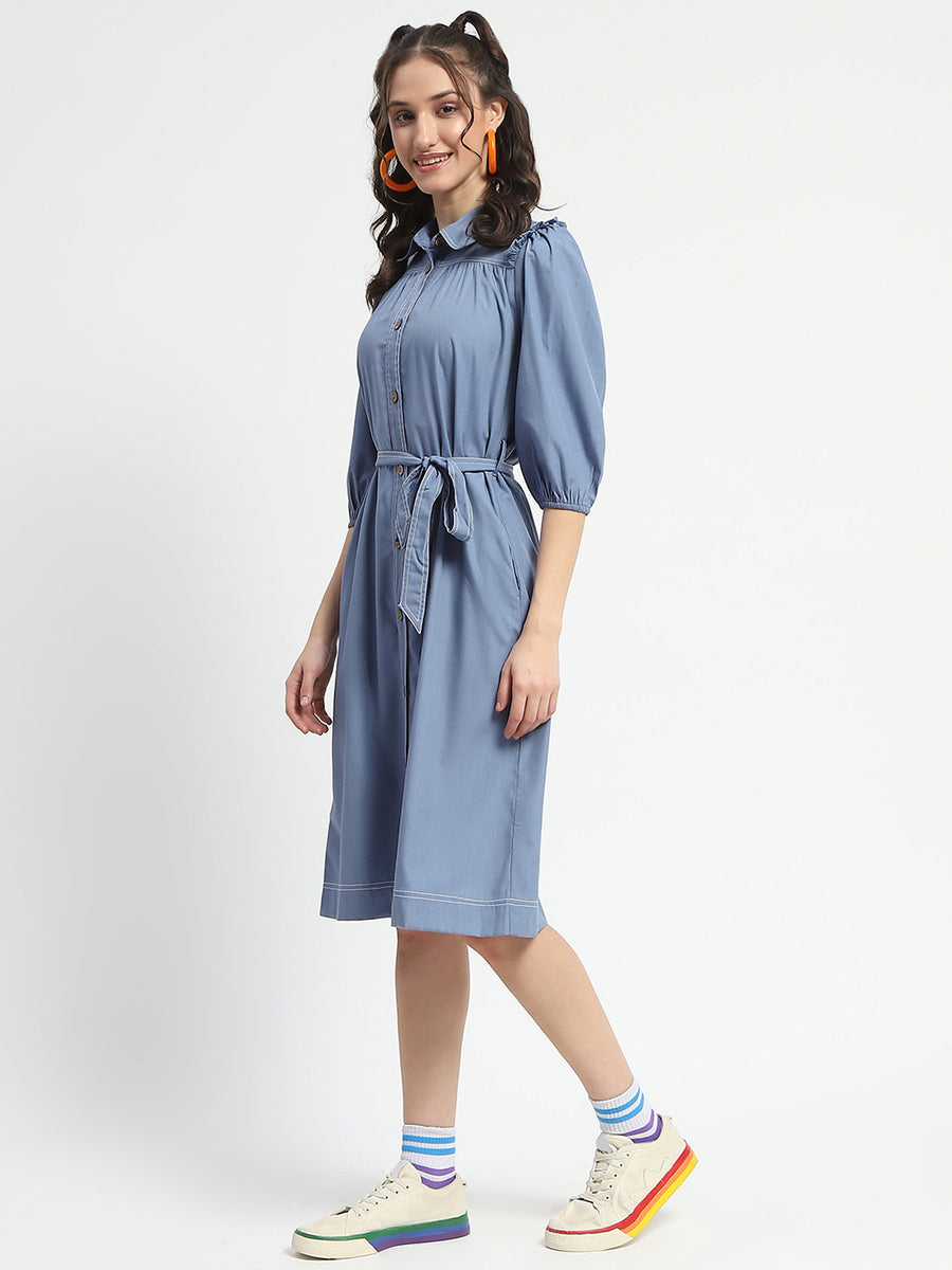 Madame Cotton Blend Belted Waist Blue Midi Shirt Dress