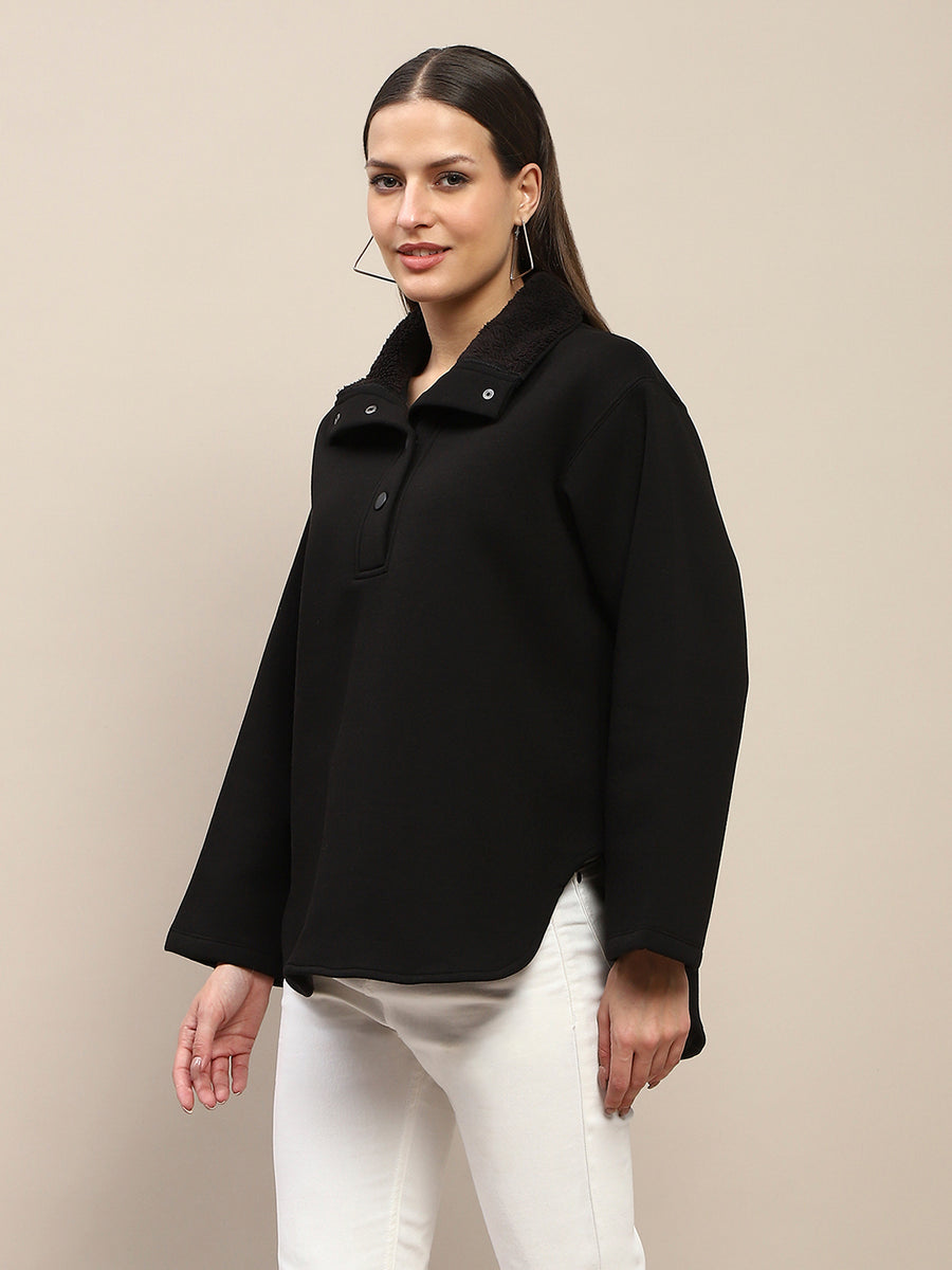 Madame Fleece Fur Attached Buttoned Black Zipper Sweatshirt