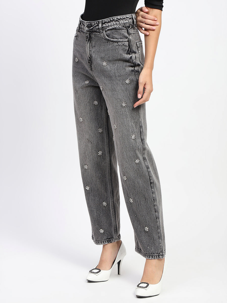 Madame Embellished Gray Wash Straight Fit Black Denim