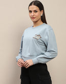 Madame Cotton Embroidery Detailed Light Sky Crop Sweatshirt