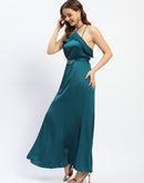 Madame Halter Neck Metal Accented Belt Teal Maxi Dress