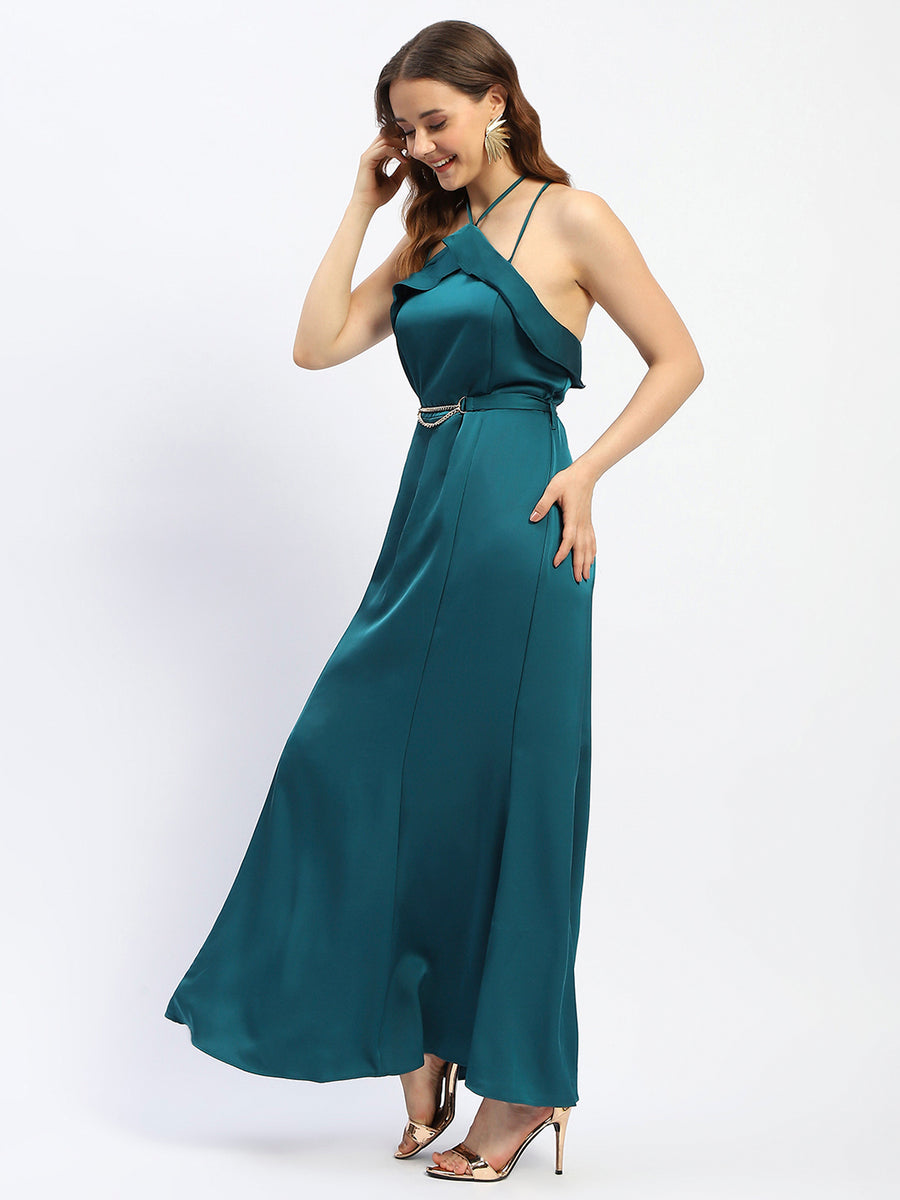 Madame Halter Neck Metal Accented Belt Teal Maxi Dress