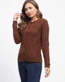 Madame Ribbed Cuff Geometric Pattern Brown Cardigan