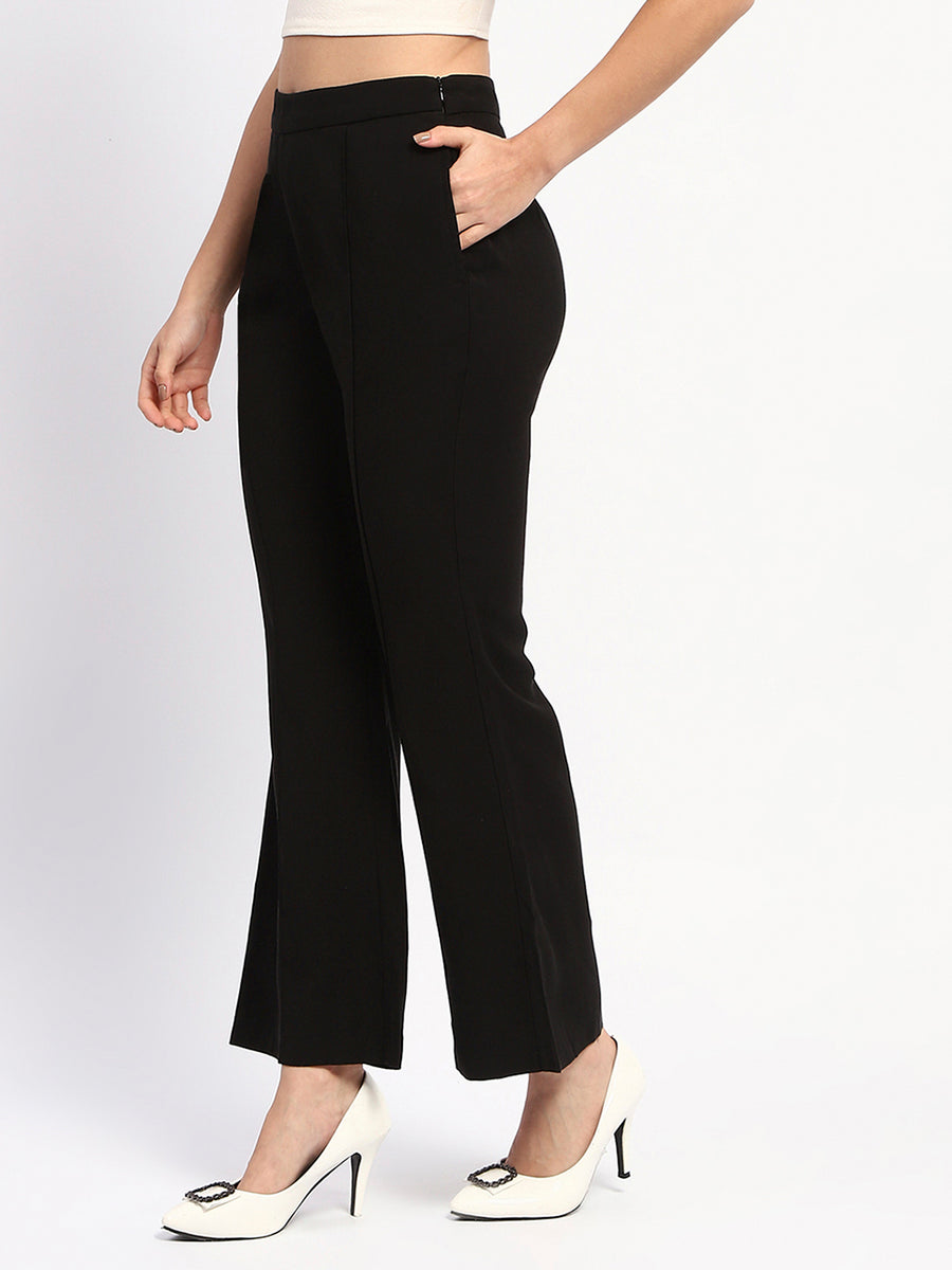 Madame Pleated Solid Black Flared Trousers