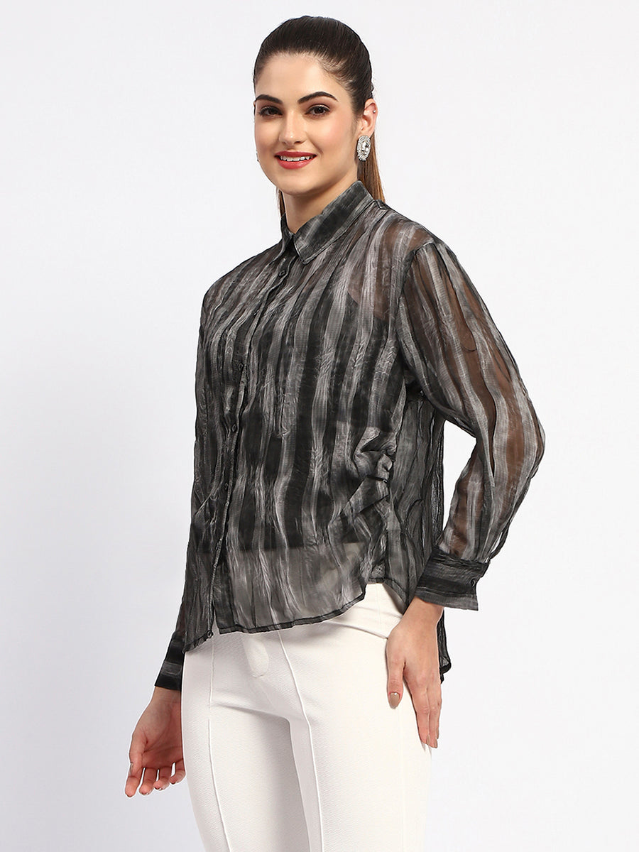 Madame Striped Collared Black Shirt