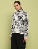 Madame Abstract Print Mock Neck Off White Sweater