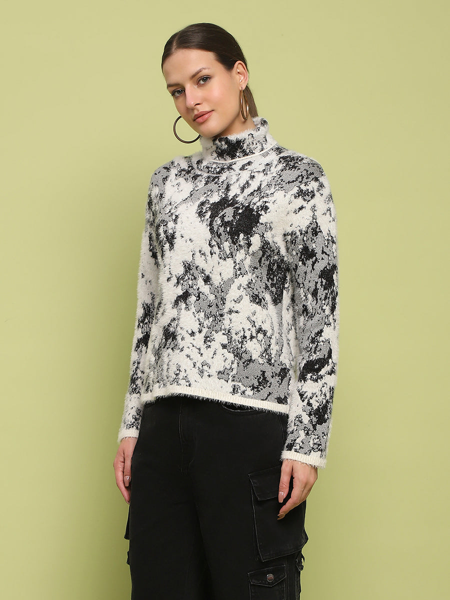 Madame Abstract Print Mock Neck Off White Sweater