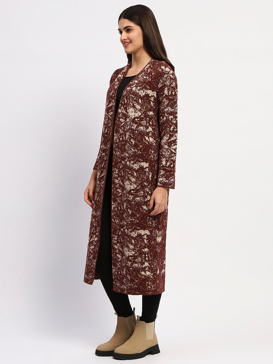 Madame Abstract Print Open Front Chocolate Brown Long Shrug