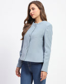 Madame Blue Crew Neck Buttoned Short Coat