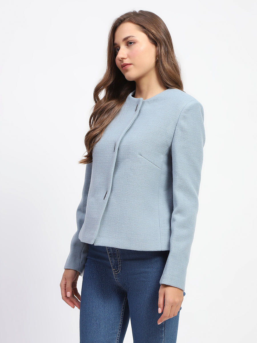 Madame Blue Crew Neck Buttoned Short Coat