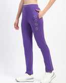 mSECRET Typography Adorned Elastic Waisted Cotton Purple Track Bottoms