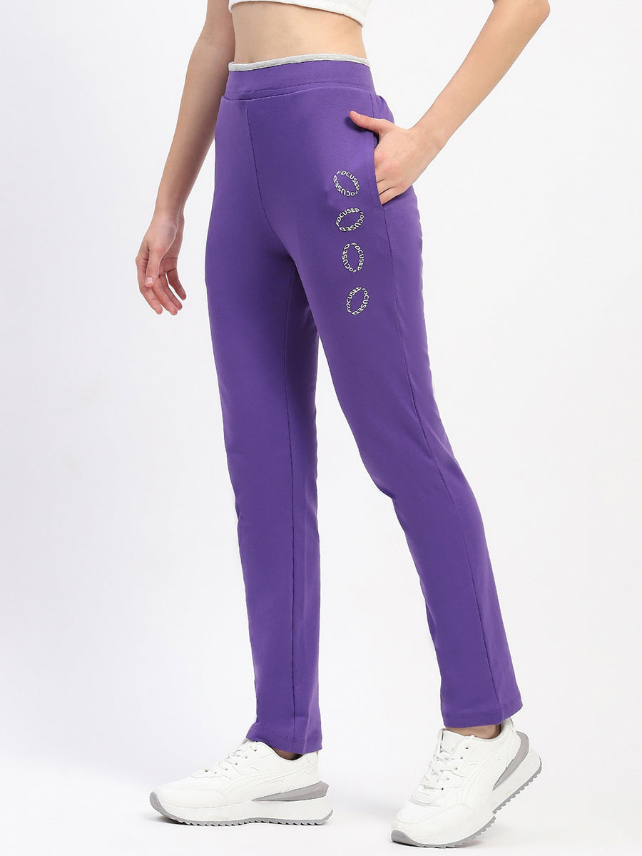 mSECRET Typography Adorned Elastic Waisted Cotton Purple Track Bottoms