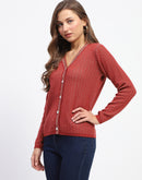 Madame Geometric Pattern V Neck Rust Cardigan