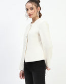 Madame Metal Buttoned Crew Neck Beige Short Coat