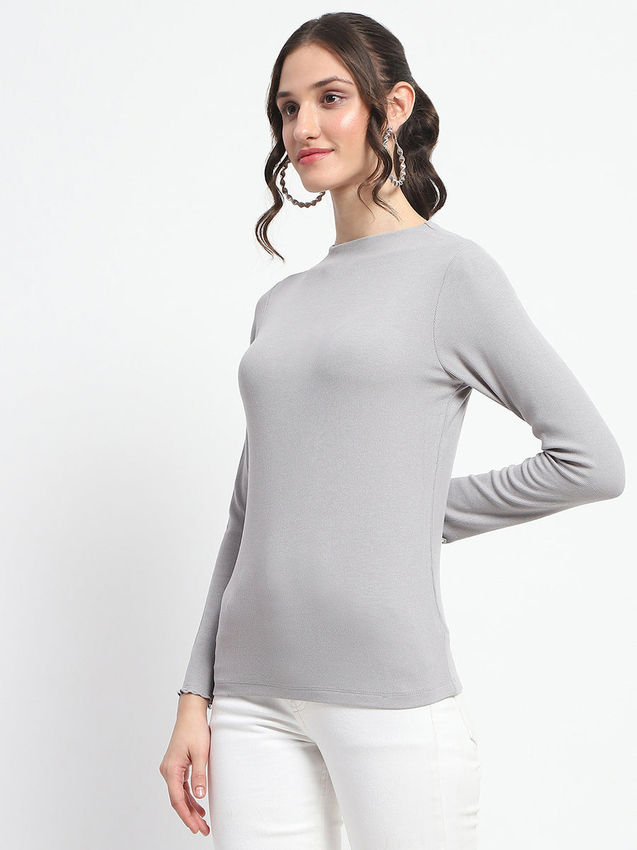 Madame High Neck Full Sleeve Solid Grey Top