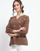 Madame Solid Chocolate Brown Embroidery Detailed Cotton Top