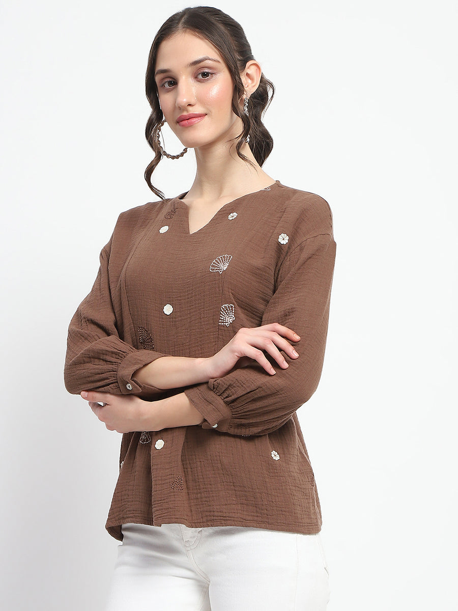 Madame Solid Chocolate Brown Embroidery Detailed Cotton Top