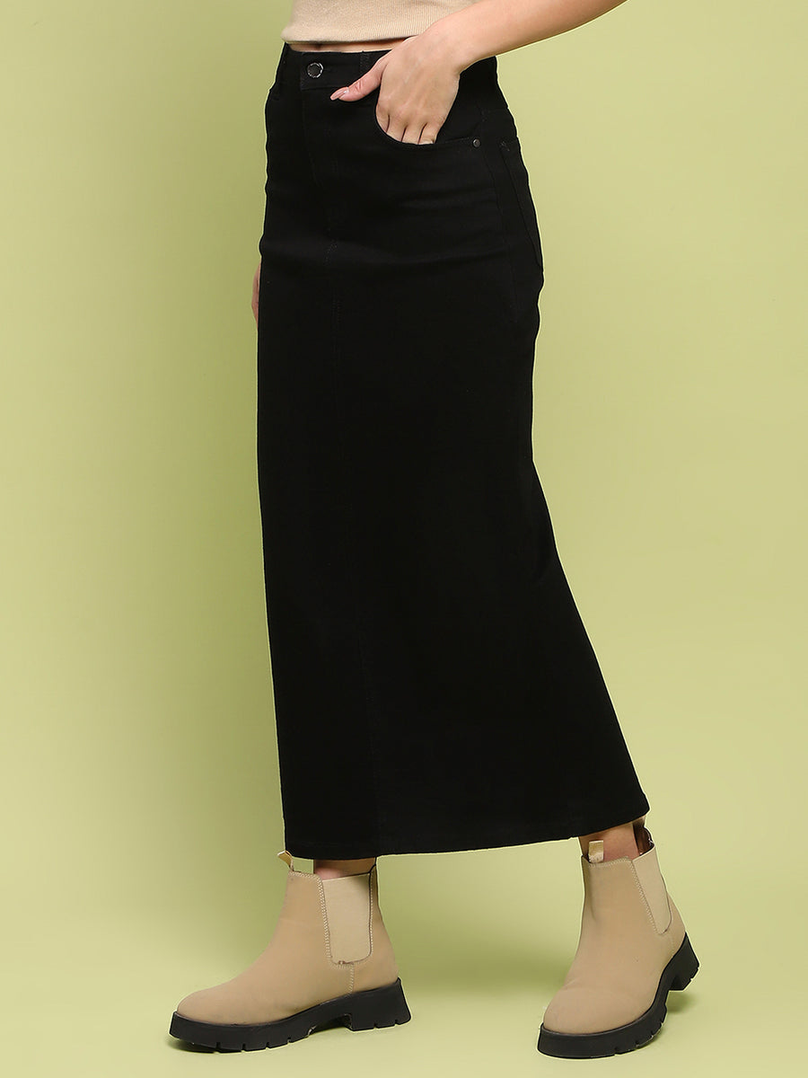 Madame Black Whiskered Cotton Midi Denim Skirt