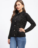 Madame Black Shimmer Printed Buttoned Cardigan