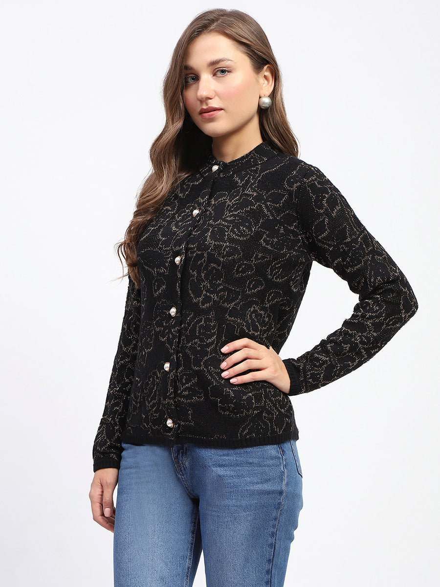 Madame Black Shimmer Printed Buttoned Cardigan