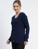 Madame Solid Navy Blue Cable Knit Full Sleeve Cardigan