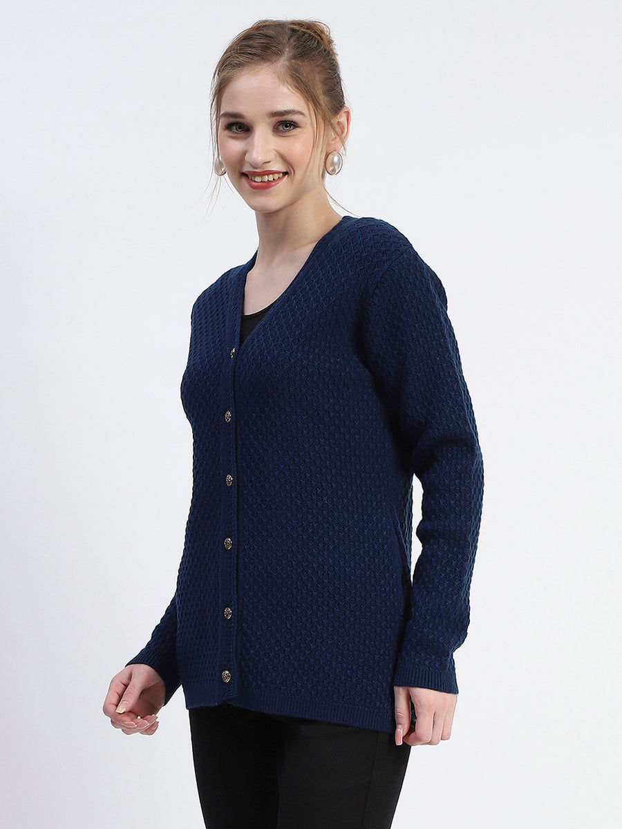 Madame Solid Navy Blue Cable Knit Full Sleeve Cardigan