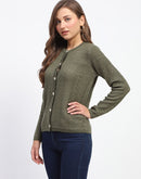 Madame Self-Designed Crew Neck Button Down Olive Green Cardigan